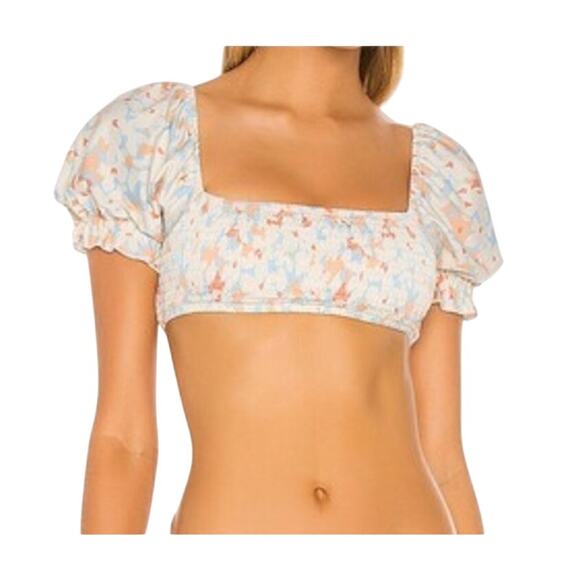 L Space Goldie Bikini Crop Top Medium Smocked Wild Orleander Swimsuit Swim New - Picture 1 of 7